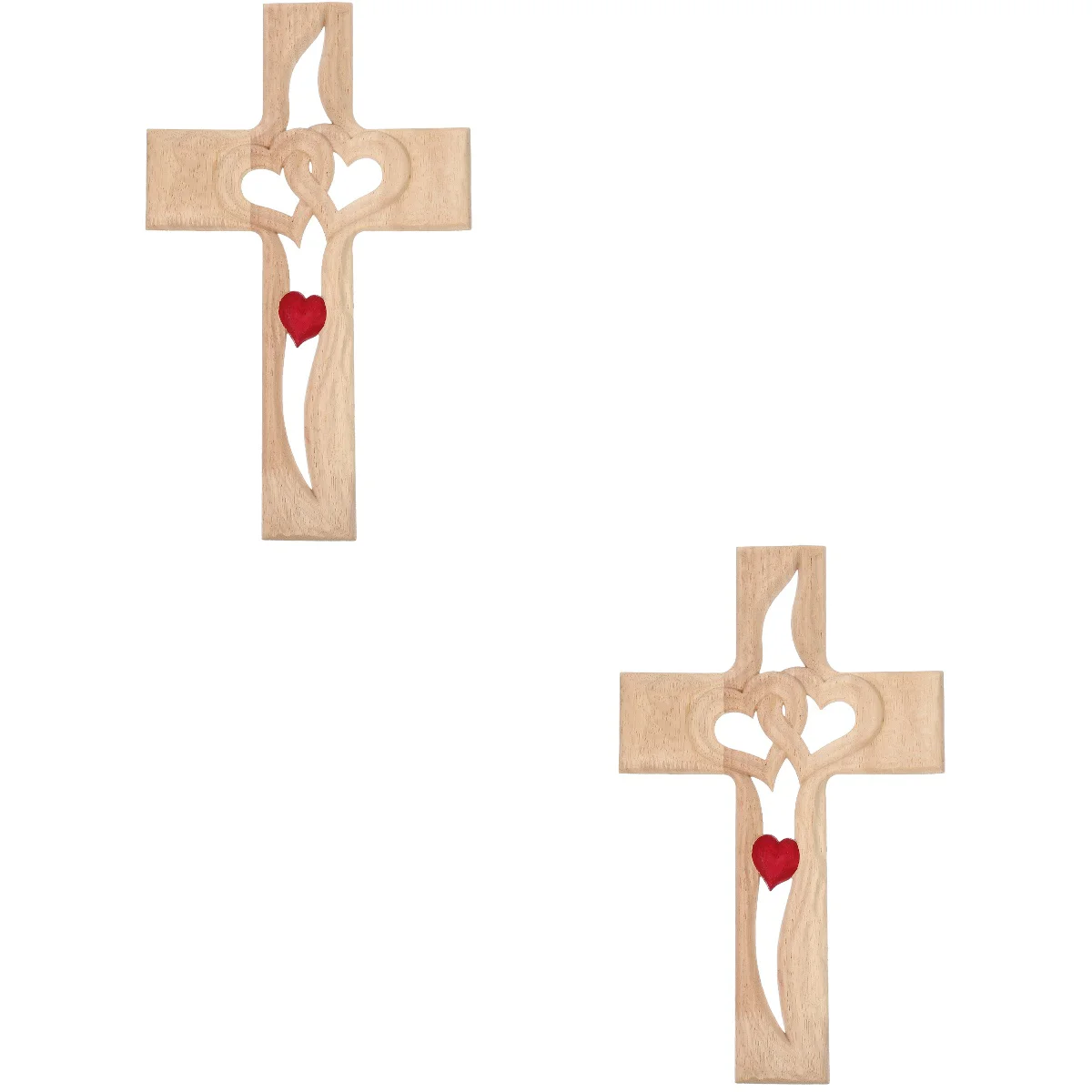 

2pcs Creative Desktop Three-dimensional Cross Ornament Hollow Wooden Heart Pattern Cross Statue