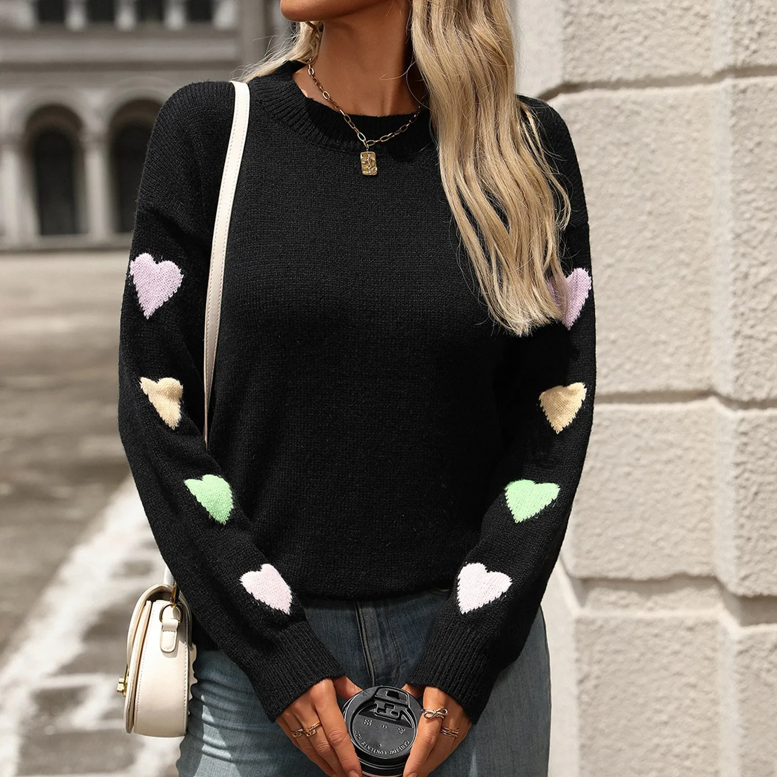 &quot Вязаный свитер для женщин лоскутное сердце однотонный пуловер ожерелье