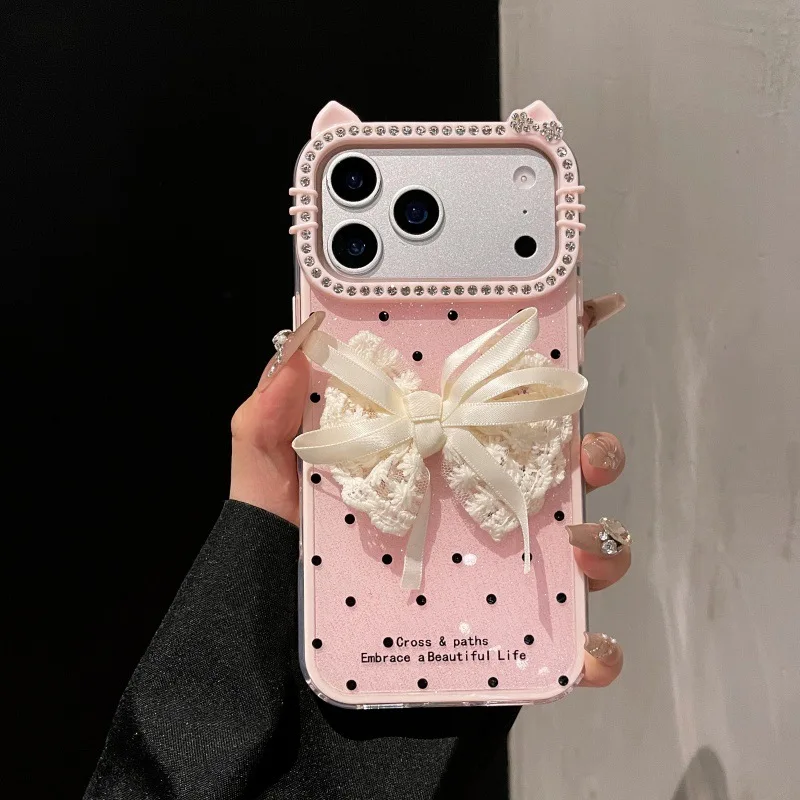 Фото Чехол для телефона «три в одном» с кружевным бантом, подходящий для iPhone17promax 16/15/14/13promax, защитный чехол №2