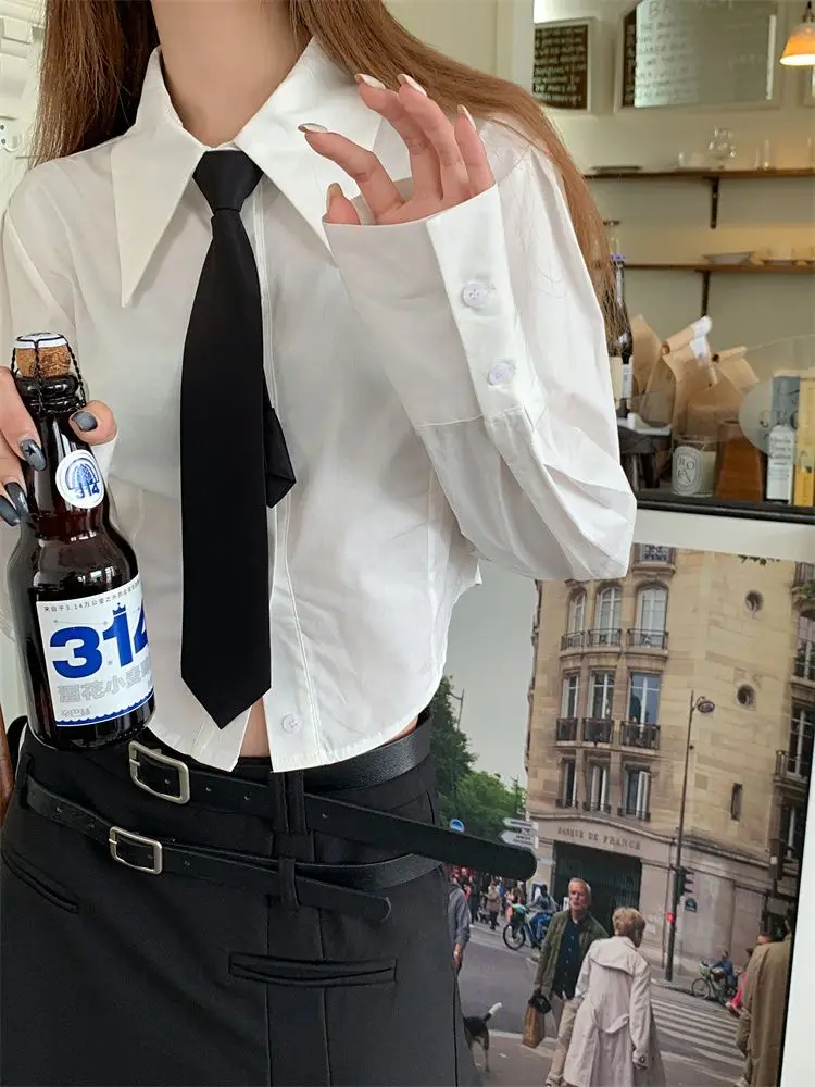 Белые укороченные рубашки в стиле преппи Женская корейская модная блузка с