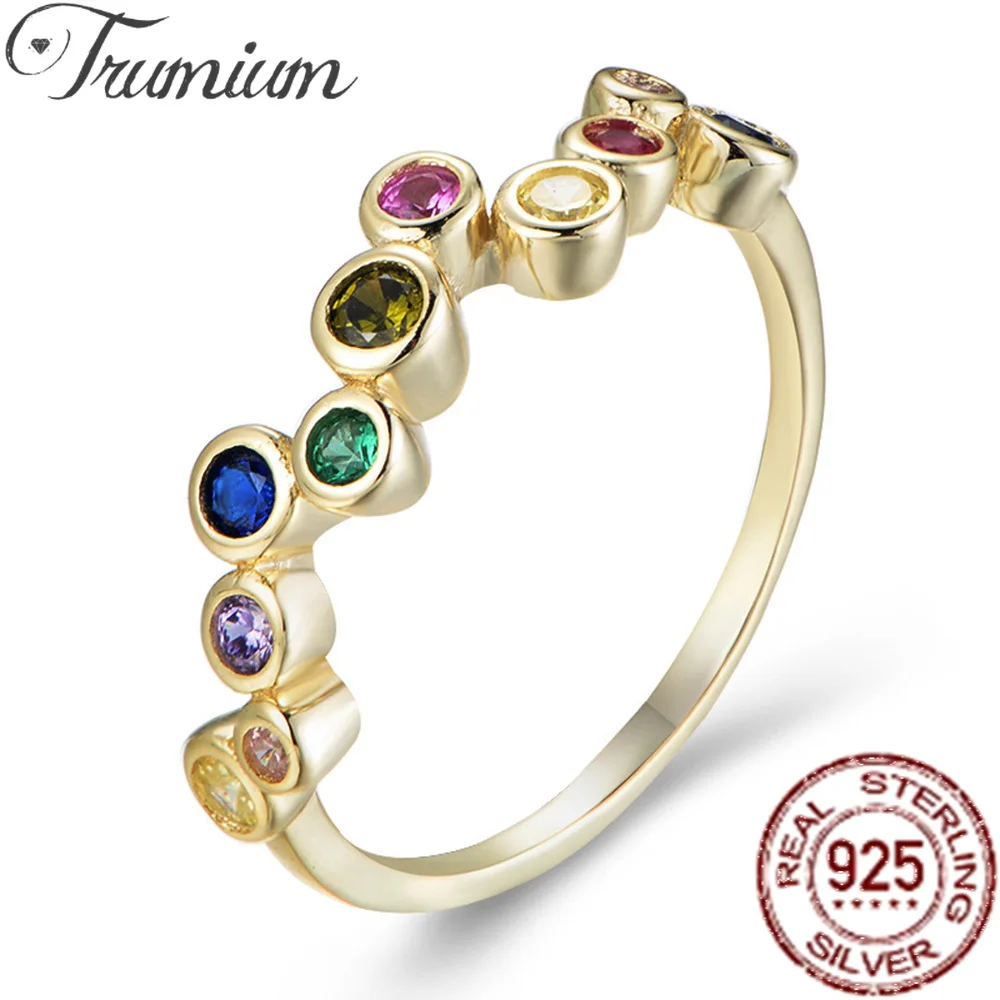 

Trumium 925 Sterling Silver Rainbow Multicolor Zircon Women ring Birthstone Dainty Eternity Engagement Ring For Girls Jewelry