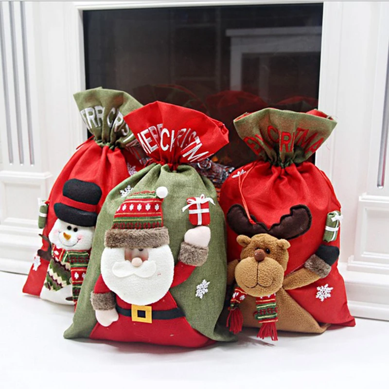 Santa Sack Christmas String Pouch 2022 New Children Xmas Gifts Candy Stocking Bag Exquisite Santa Claus Linen Drawstring Bags