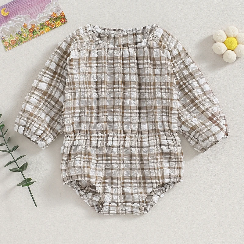 

Vintage Baby Girl Long Sleeve Smocked Romper Plaid Pleated Ruched Bubble Bodysuit Newborn Fall Boho Outfit
