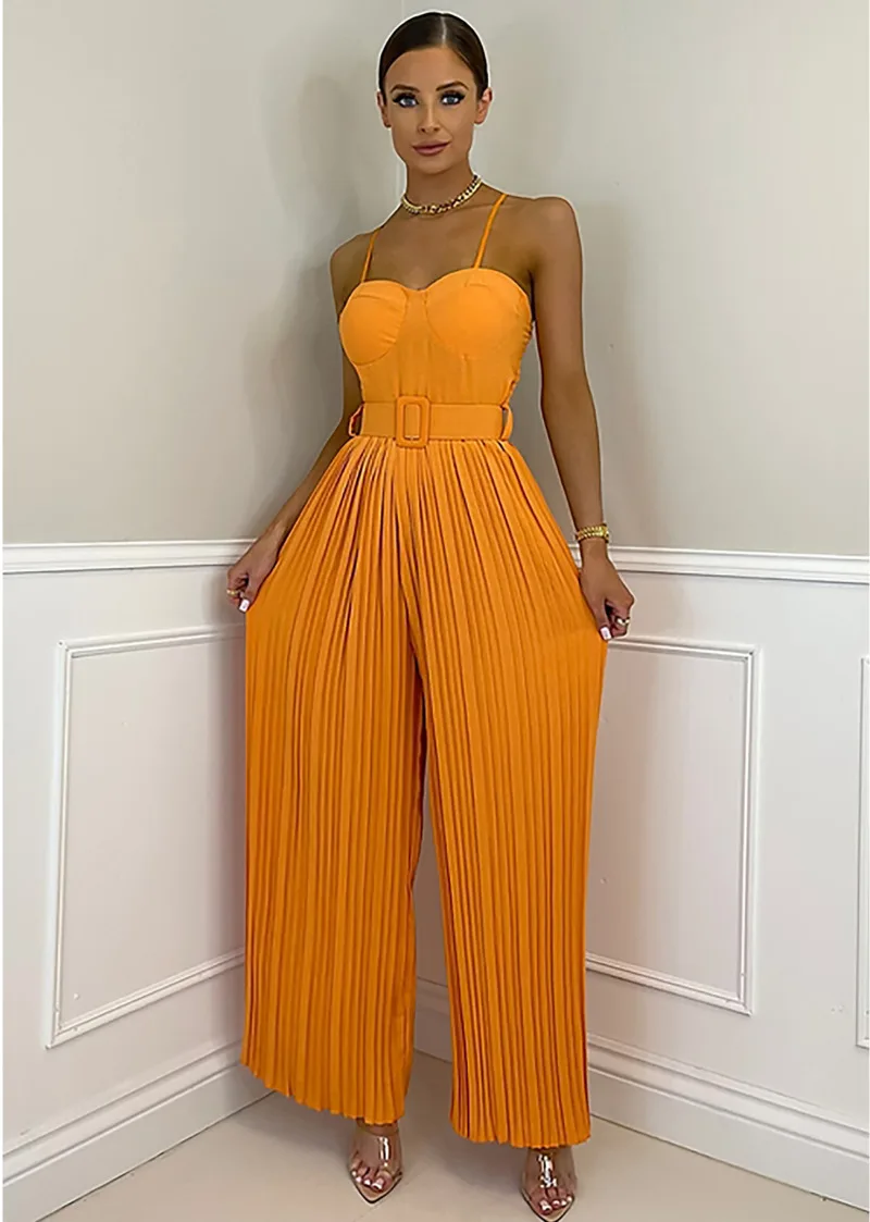 

Women's Solid Color Crimped Wide Leg Jumpsuit Sleeveless Pleated Outfits For Women Backless Loose Clothing Club Rompers