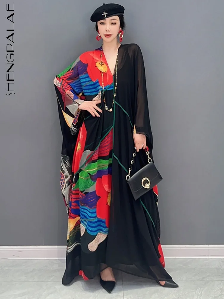 SHENGPALAE 2 Piece Set Vintage Elegant Suspender Dress And Overcoat Pattern Chiffon Clothes Vestido Robe 2023 Spring New 5R1682