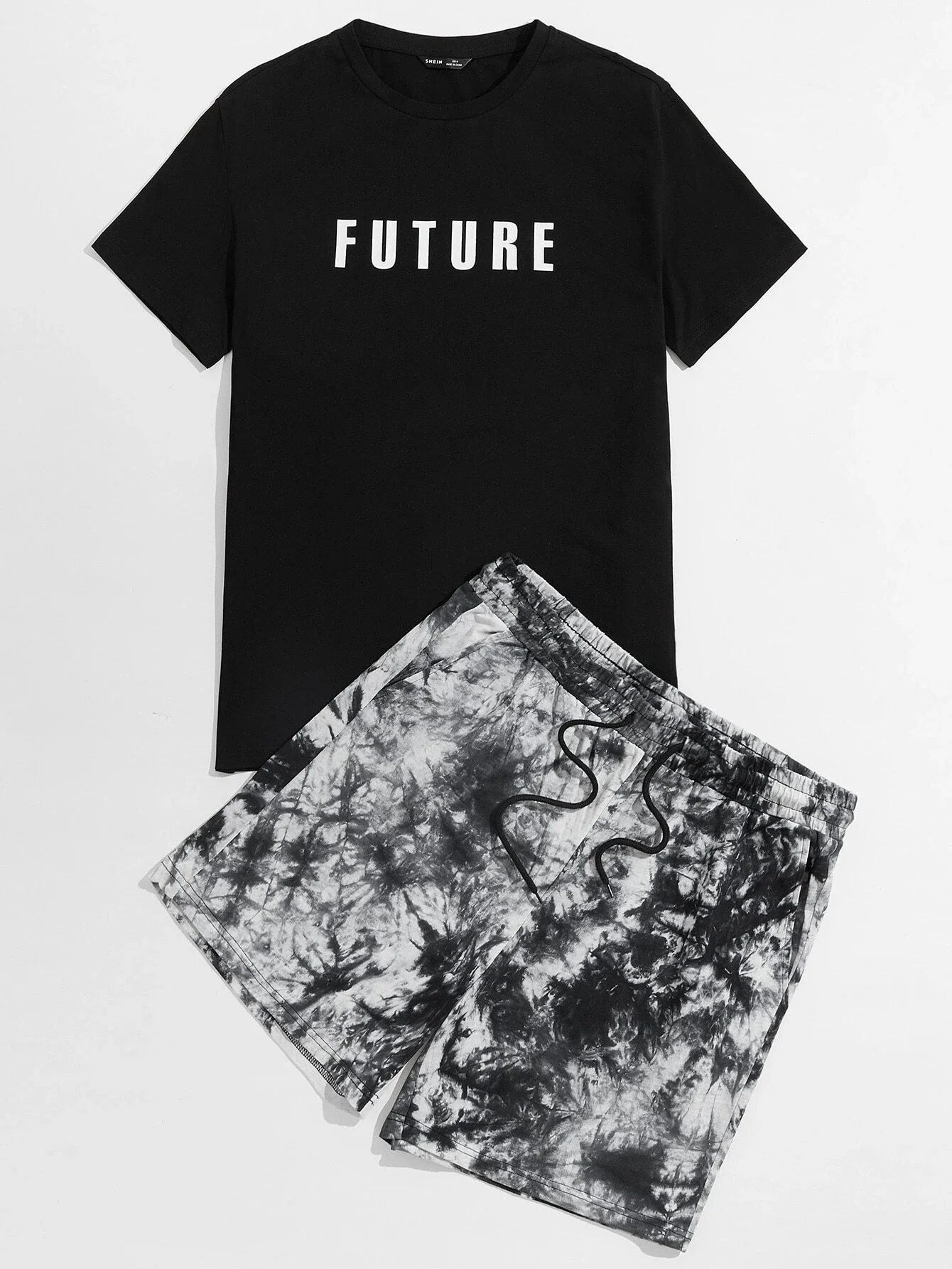 

Men Letter Graphic Tee & Tie Dye Drawstring Shorts Set