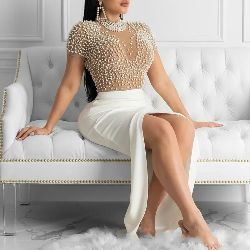 

Sexy see-through thin mesh dress, heavy beaded round neck short-sleeved tight-fitting slit dress, elegant party dress 2022 new