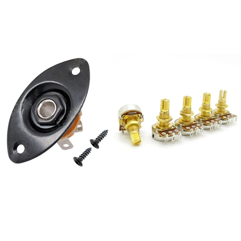 

6 Pcs Guitar Accessories: 1 Pcs 30 BK Oval Indented Guitar Jack Plate Socket & 5 Pcs A500K Shaft Taper Potentiometers