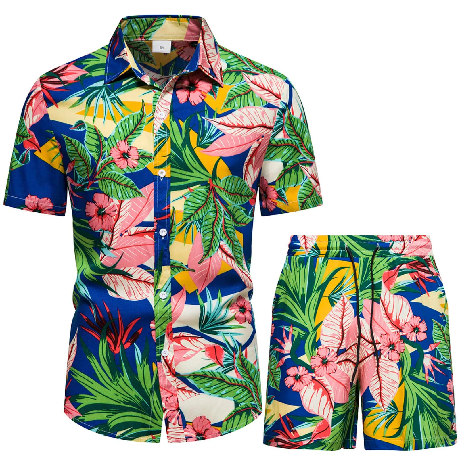 

Костюм мужской летний из 2 предметов с принтом Гаваи, рубашка с короткими рукавами и отложным воротником, шорты с карманами, стрейчевый кост...