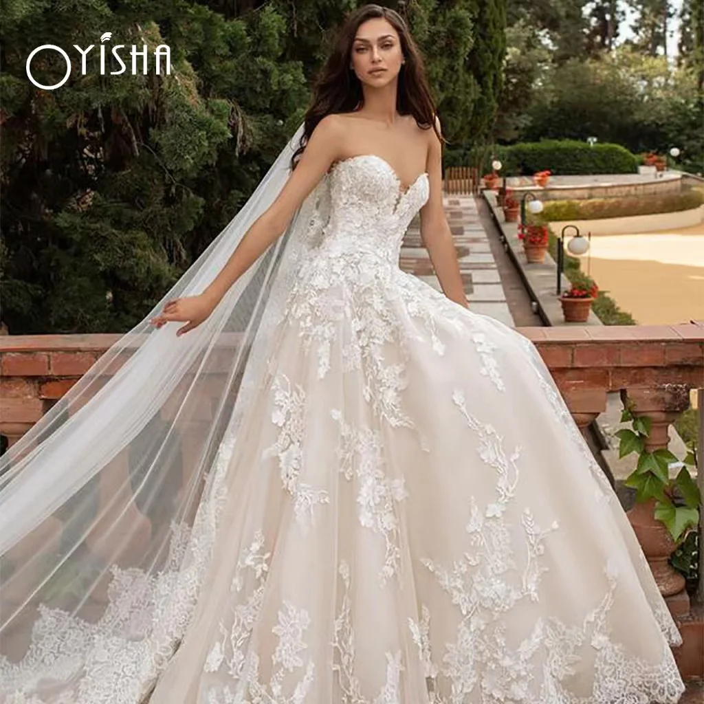 

OYISHA Luxury Wedding Dress 2023 Lace Appliques A Line Sweetheart Strapless Robe De Mariée Bridal Gown Backless Vestido De Novia