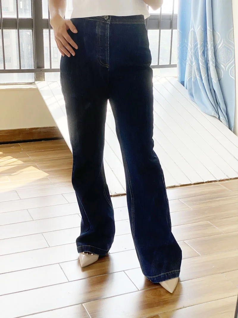 

Designer Classic Fashion Women Flare Pants 2023 Autumn New Vintage High Fit Thin High Waist Blue Denim Full Pants
