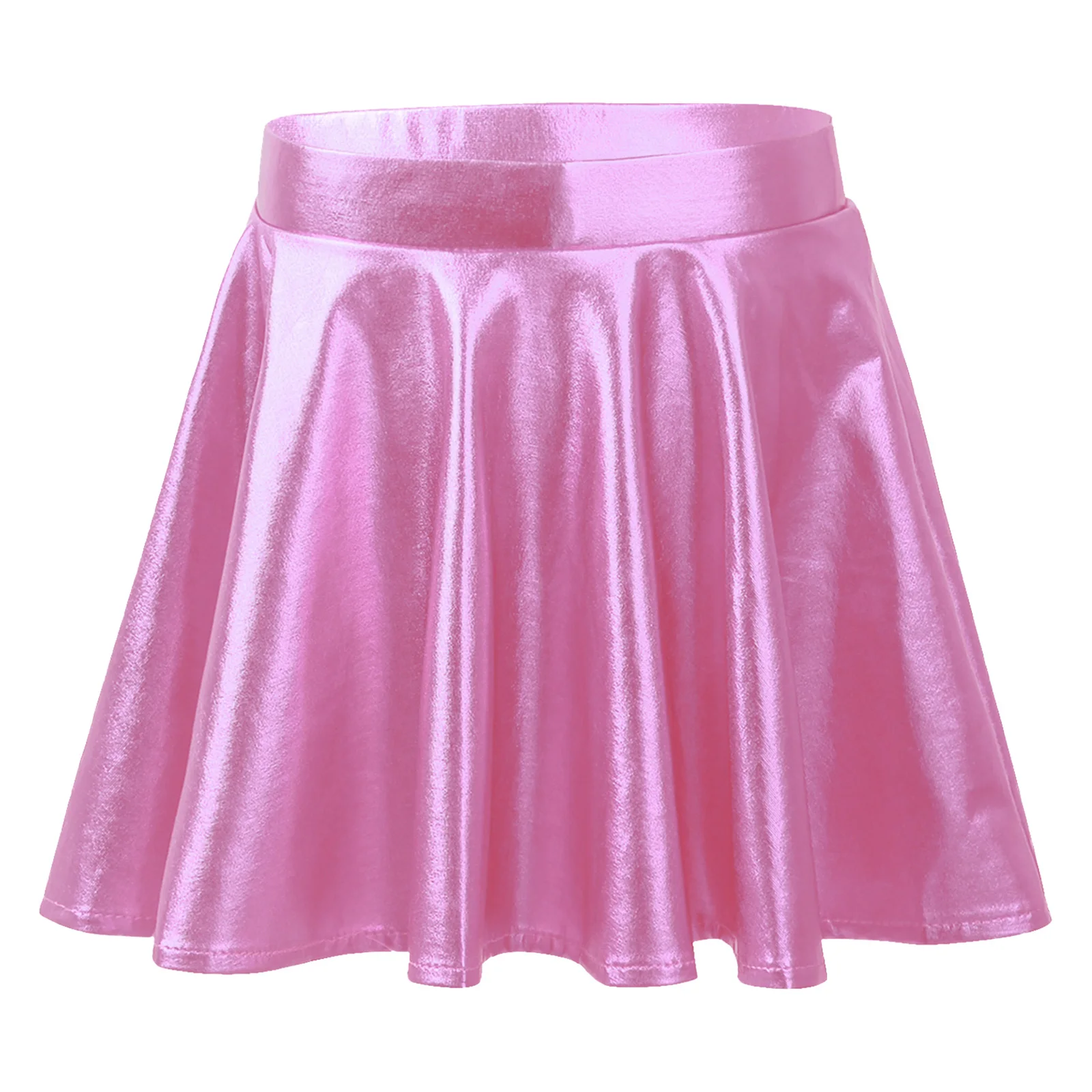 Kids Girls Glossy Metallic Flared Pleated A-Line Miniskirt Soft Dance Athletic Shiny Scooter Skirt with High Elastic Waistband