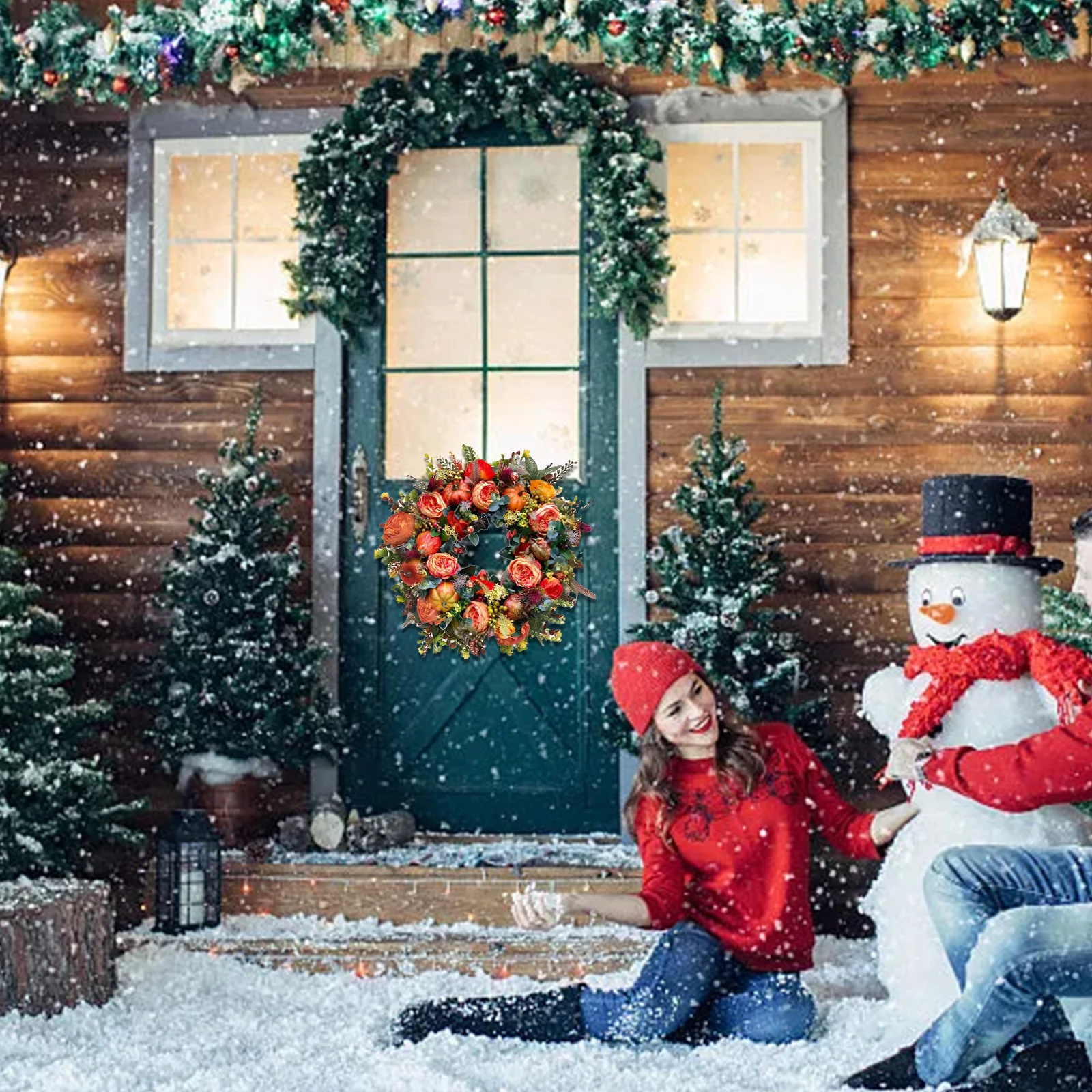 

Осенний венок с пионами и тыквой, круглый год, венок, искусственная дверь, висячая гирлянда на Хэллоуин, строительный Рождественский Декор