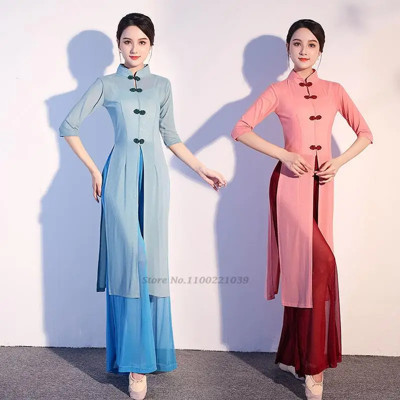

2022 chinese traditional vintage dance costume woman hanfu top+pants set festival clothes oriental elegant folk dance suit