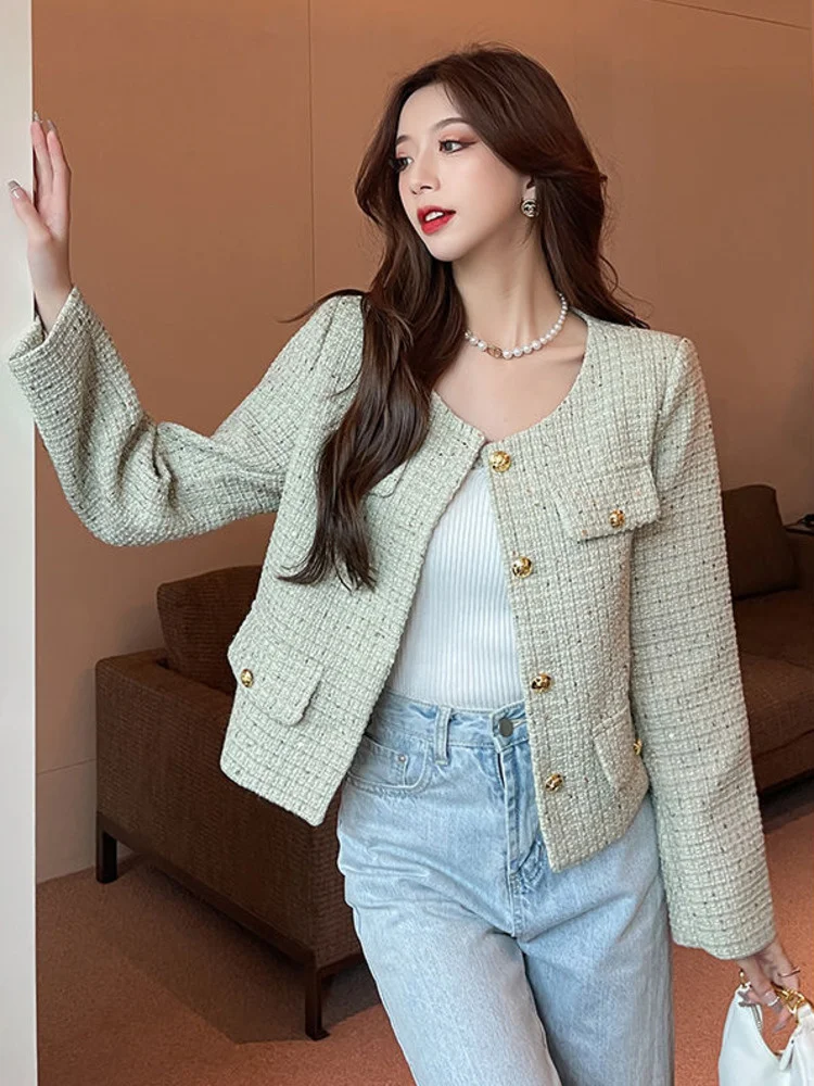 

Korean Fashion Casual Small Fragrance Tweed Jacket Women Fried Street Woolen Short Coat Elegant Outwear Sequins Jaqueta Casaco