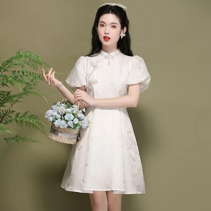 

White Dress Women Summer 2022 New Vintage Chinese Style Stand Collar Lantern Sleeves Solid Color High Quality Jacquard Dress