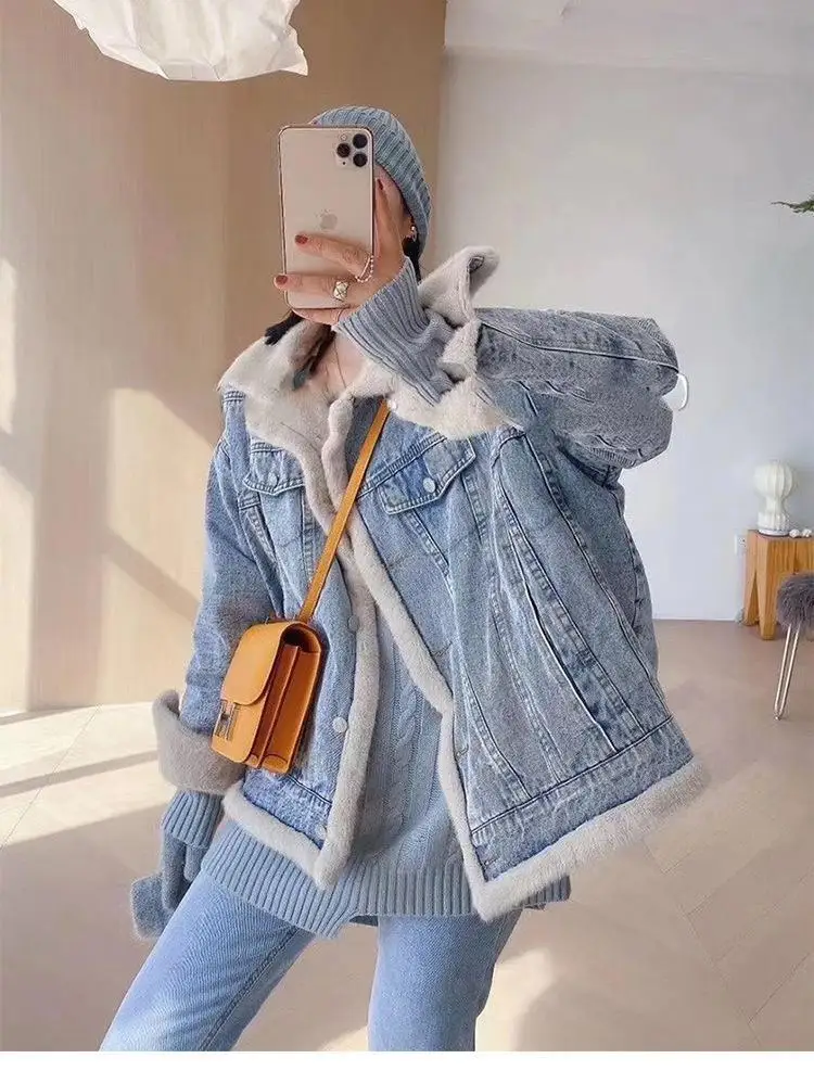 Winter Women Warm Fur Collar Plush Thicken Denim Jacket Lapel Single Breasted Vintage Plush Cowboys Parkas Jean Coats Female New