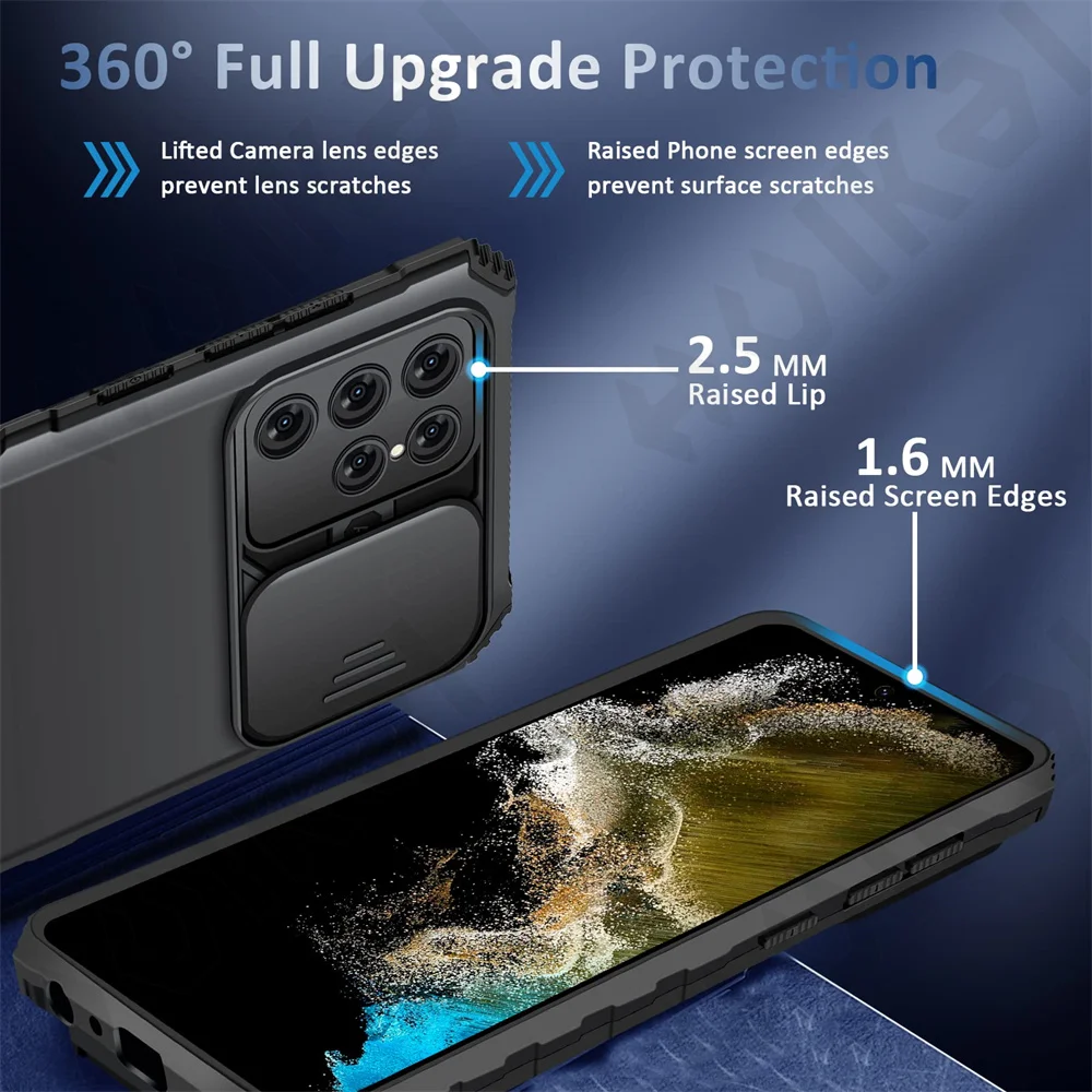 Case For Samsung S23 S22 Ultra S21 S20 FE Galaxy A53 A23 A73 A33 Slide Camera Kickstand Protective Shockproof Ring Phone Cover
