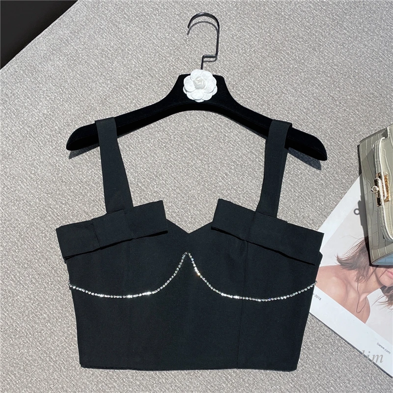 

2022 Summer Rhinestone Edge Tank Top for Woman New All-Matching Slimming Three-Dimensional Chest Cup Sexy Backless Camisole