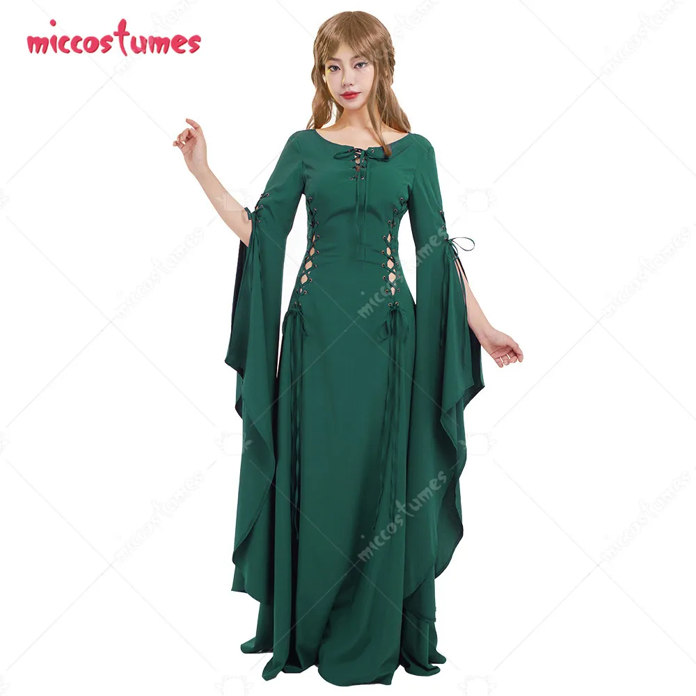 

Женское осеннее охотничье средневековое платье темно-зеленого цвета ручной работы из натурального полиэстера с длинными рукавами со шлейфом