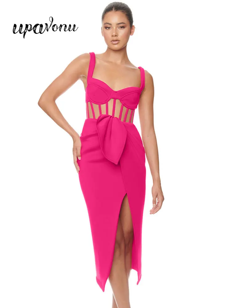 

Free Shipping Women's Midi Bandage Dress 2022 Summer Sexy Strap Bodycon Mesh Design Split Irregular Dress Evening Party Vestidos