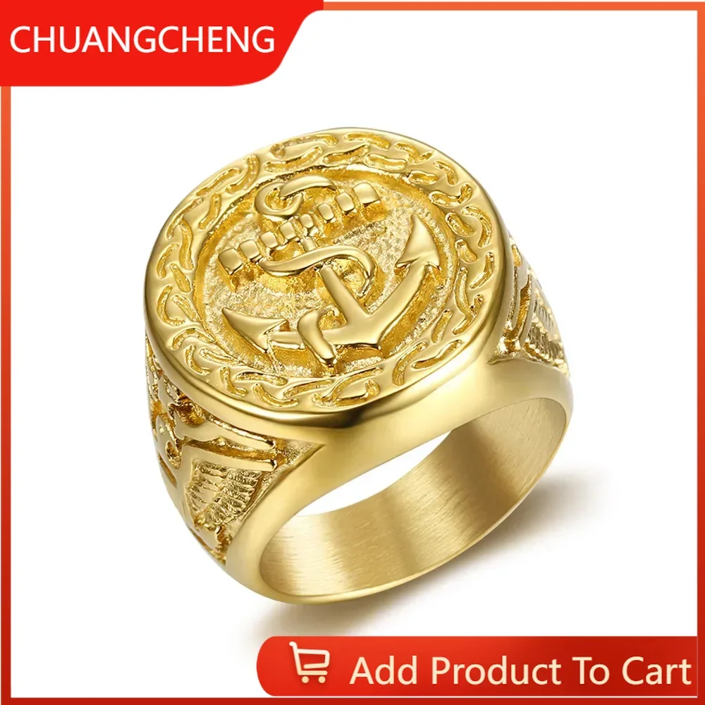 

CHUANGCHENG Hip-hop Stainless Steel Color Retention Vacuum Gilded Eagle Boat Anchor Men's Rings Size 7-14