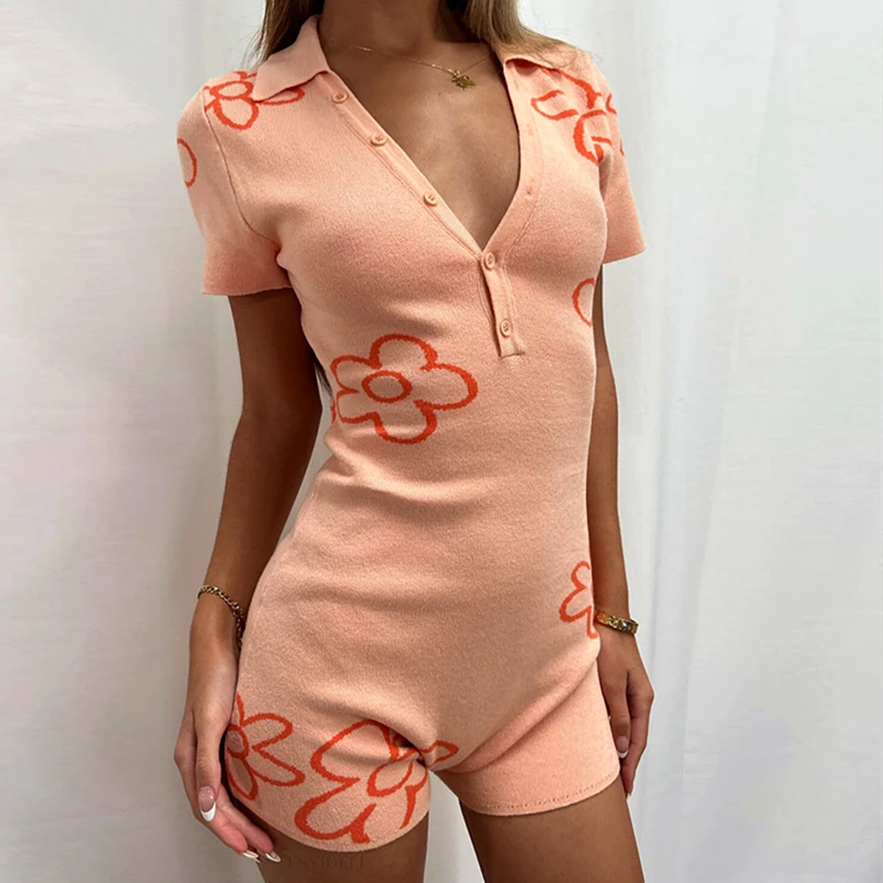 Vintage Aesthetic Flower Pink Summer Beach Knitted Bodysuit Button Up V-neck Skinny Sexy Playsuits Women Jumpsuits Casual Club