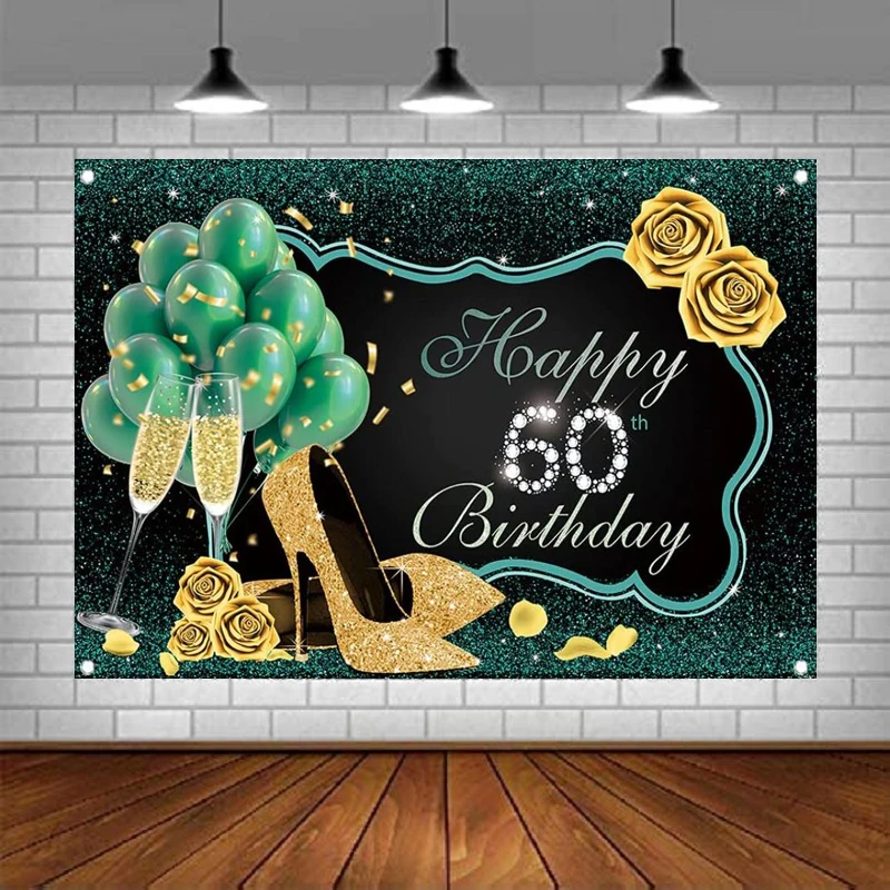 

Photography Backdrop 60th Birthday Green And Black Women Party Background High Heels Gold Rose Prom Party Supplies Banner