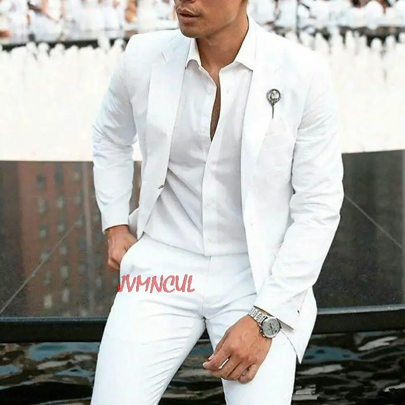 

Модные летние белые льняные смокинг для жениха Свадебные костюмы для свадьбы мужские блейзеры из 2 предметов приталенный костюм для мужчин (пиджак + брюки)