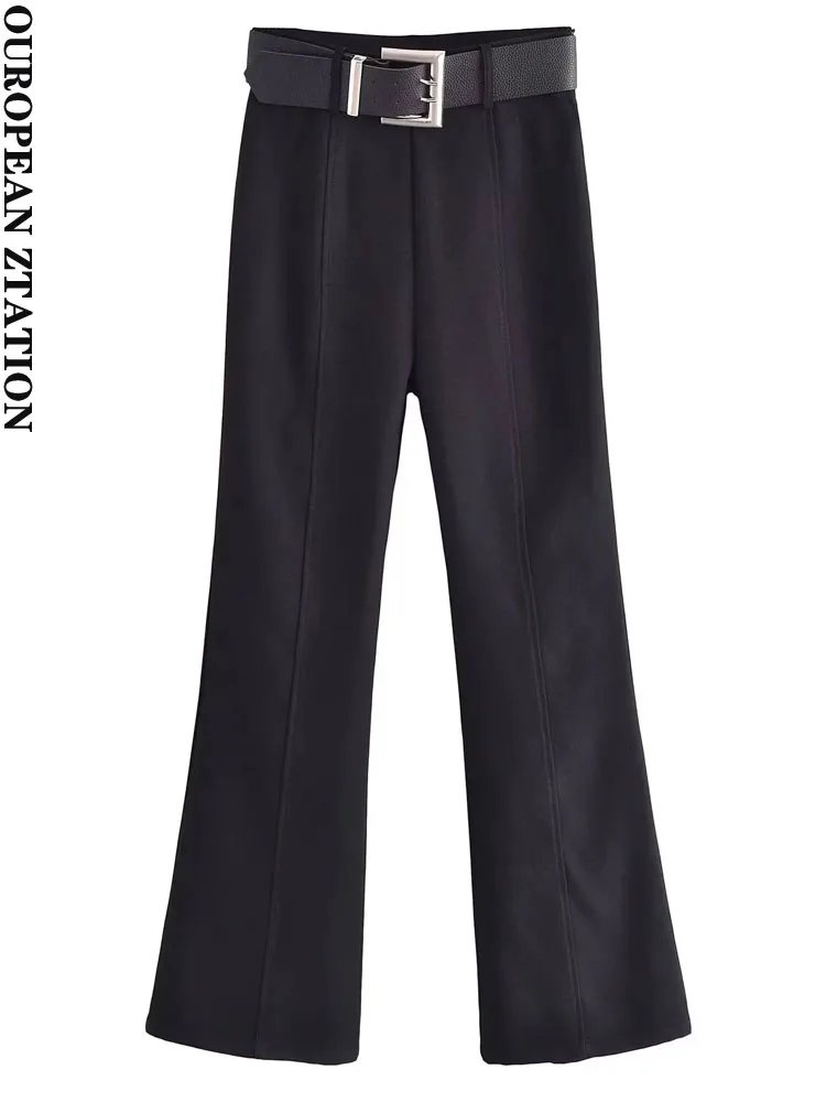 PAILETE Women 2022 fashion with belt flare pants vintage high waist zipper fly female ankle trousers mujer