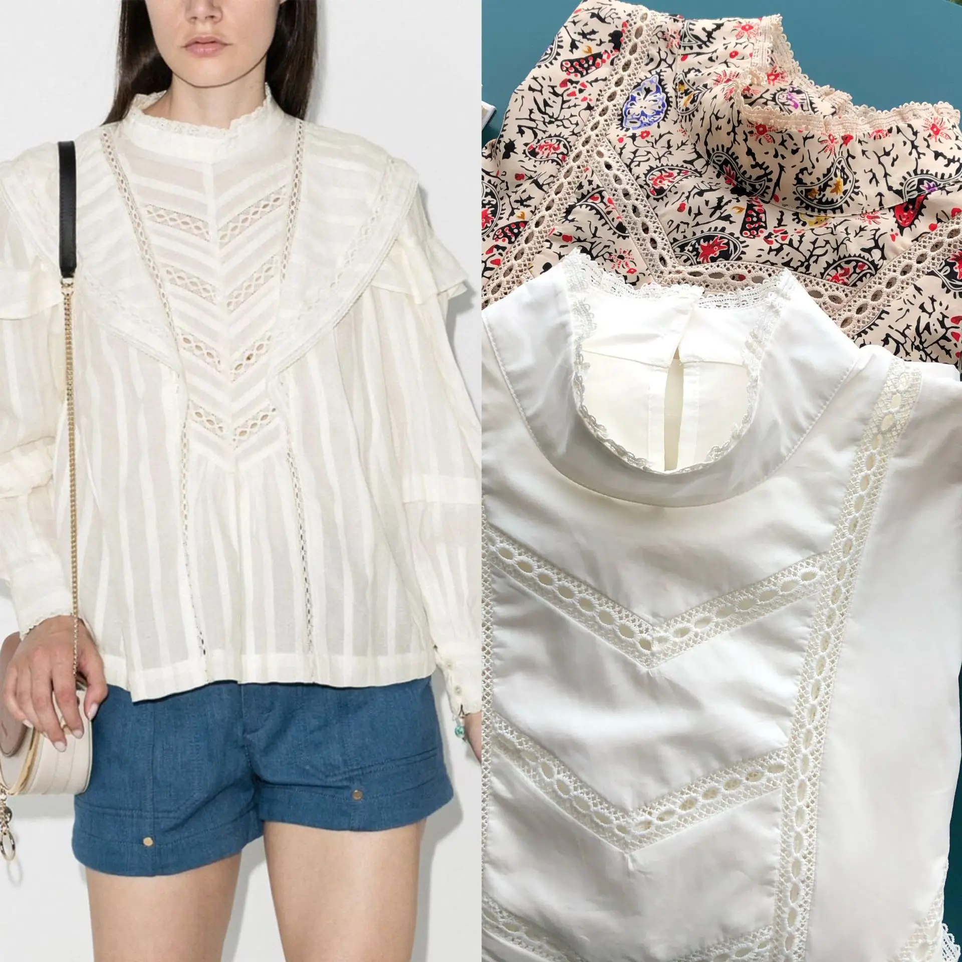 

Женская ажурная блузка с длинным рукавом, белая блузка с принтом пейсли и кружевными оборками, рубашка с воротником-стойкой на раннюю осень 2023