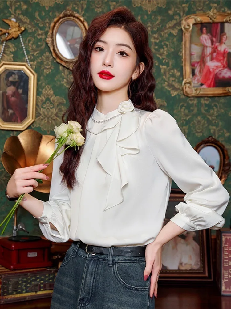 2024 весенняя элегантная красная атласная женская блузка с оборками и бисером