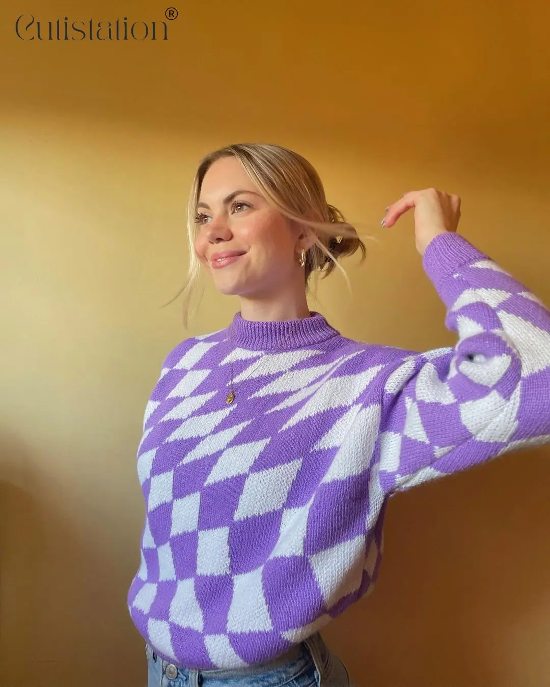 

Cutistation Purple White Plaid Print Women's Y2K Sweater O Neck Long Sleeve Loose Knitted Top Retro Aesthetic Casual Pullovers