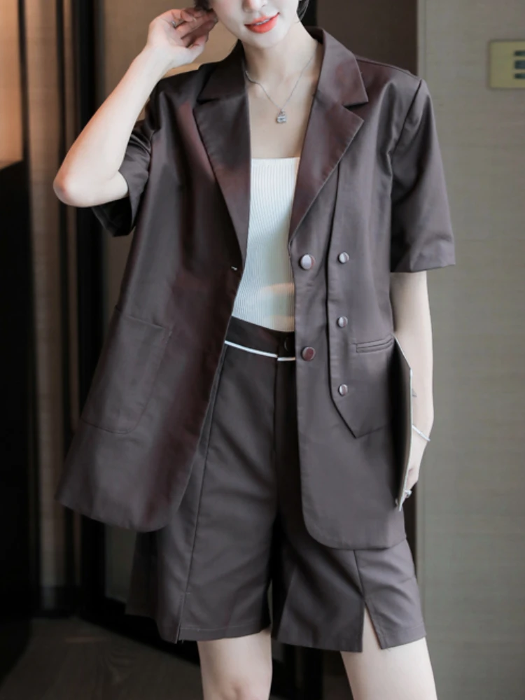 

New Fashion Women Business Blazer Shorts Suit Casual Elegant Jackets High Waist Pants Two Pieces Set Femme Korean Loose Outfits