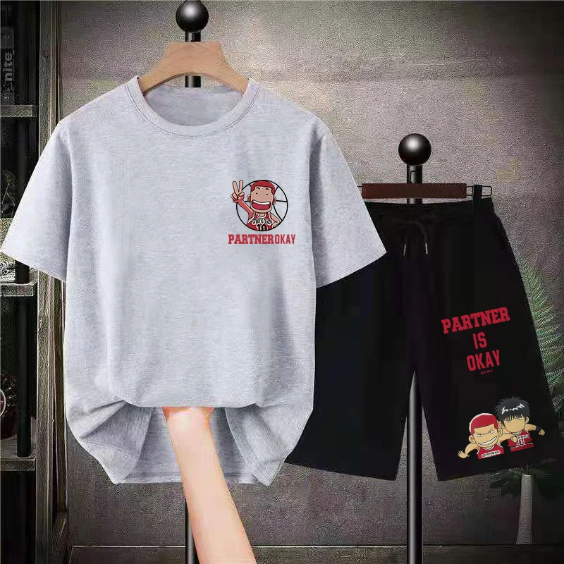 Summer 100 Cotton Slum Dunk T-Shirt Set Black Men T Shirt and Shorts 2 Piece Suit Oversized Sport Women Tracksuit Free Shipping