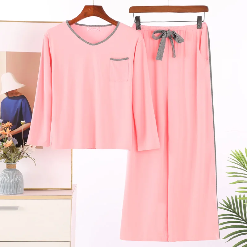 CAIYIER Autumn Winter V-Neck Long Sleeve Trousers Sleepwear Women Lounge Wear Lingere Female Night Suit With Chest Pad Pyjamas