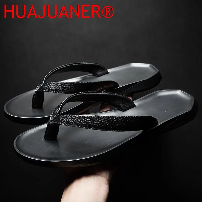 

2022 New Brand Men's Slippers High Quality Summer Beach Flip Flops Soft Male Comfortable Slides Real Leather Light Outdoor Shoes