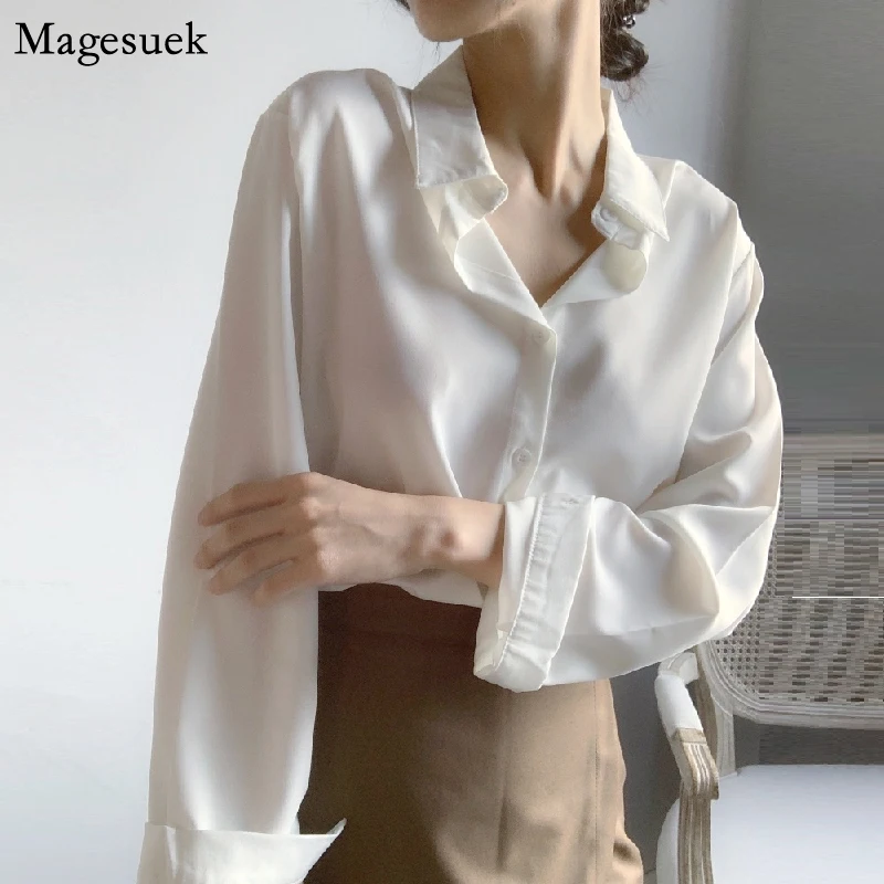 

Long Sleeve Button White Satin Shirt Women Loose Solid Casual Women's Blouse Fashion Office Lady Silk Blouses Tops S-5XL 20679