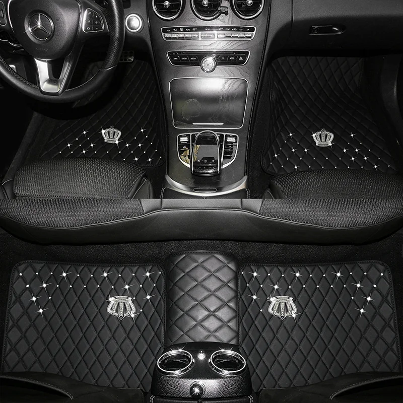 Car Floor Cover Full Set Crown Leather Diamond Auto Foot Mat Universal Interior Accessories For Women Waterproof Car Carpets