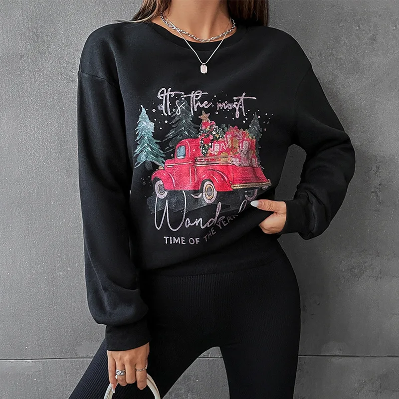 Autumn/Winter Round Neck Digital Printing Ladies Casual Black Sweater Long Sleeve Pullover Top Women Clothes for Women