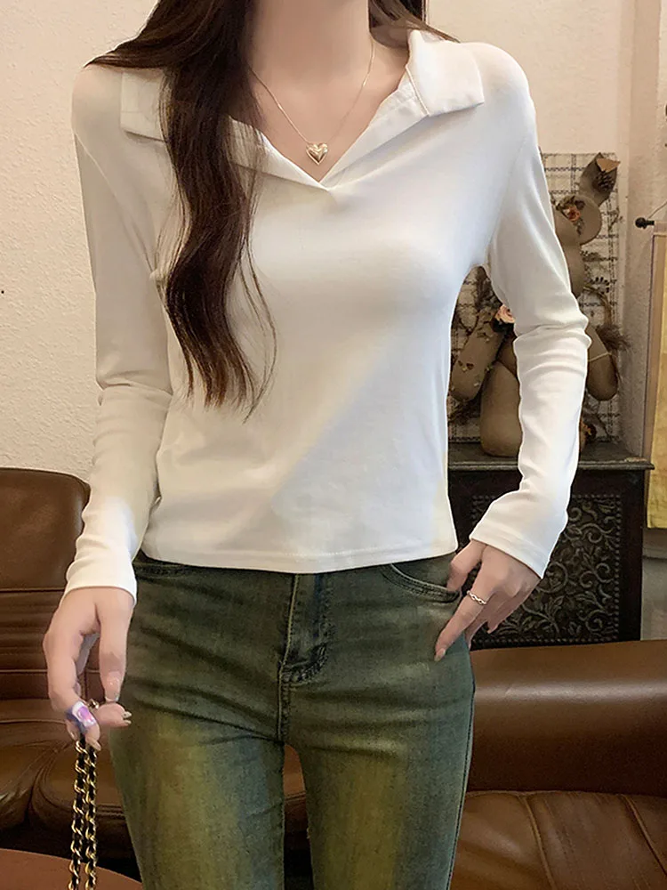 

Однотонная Повседневная облегающая футболка BOBOKATEER для женщин, хлопковая Футболка с воротником и V-образным вырезом, женские рубашки, женские футболки, Топ с длинным рукавом