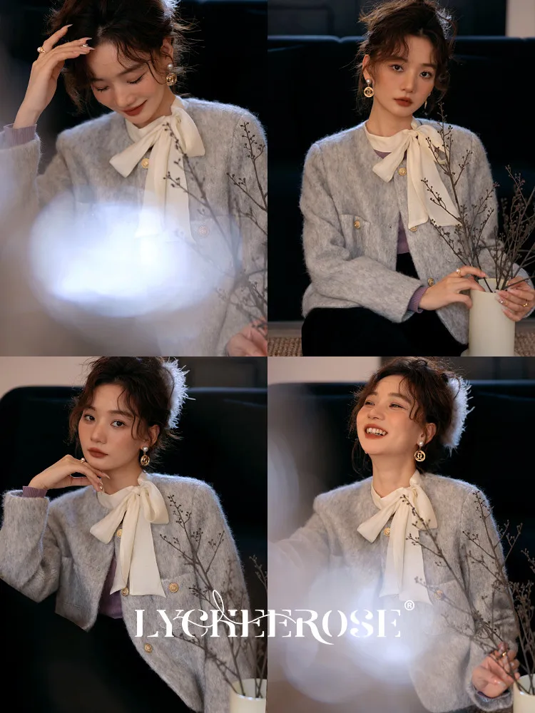 Личироза Личи Мясо Французский sle Серый Норковый Мех Короткое пальто Женское