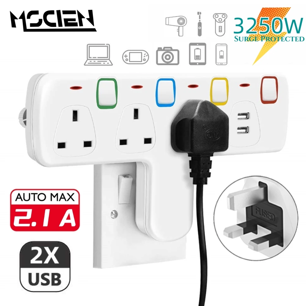 

MSCIEN T-shaped Multi Plug Extension Sockets with USB Ports Wall Power Strip Surge Protected Outlets Charger Adapter for UK SA