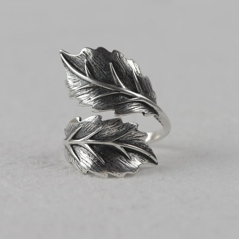 

Кольцо в винтажном стиле из чистого серебра S925 пробы с листьями растений, женское Открытое кольцо, серебряное кольцо с перьями