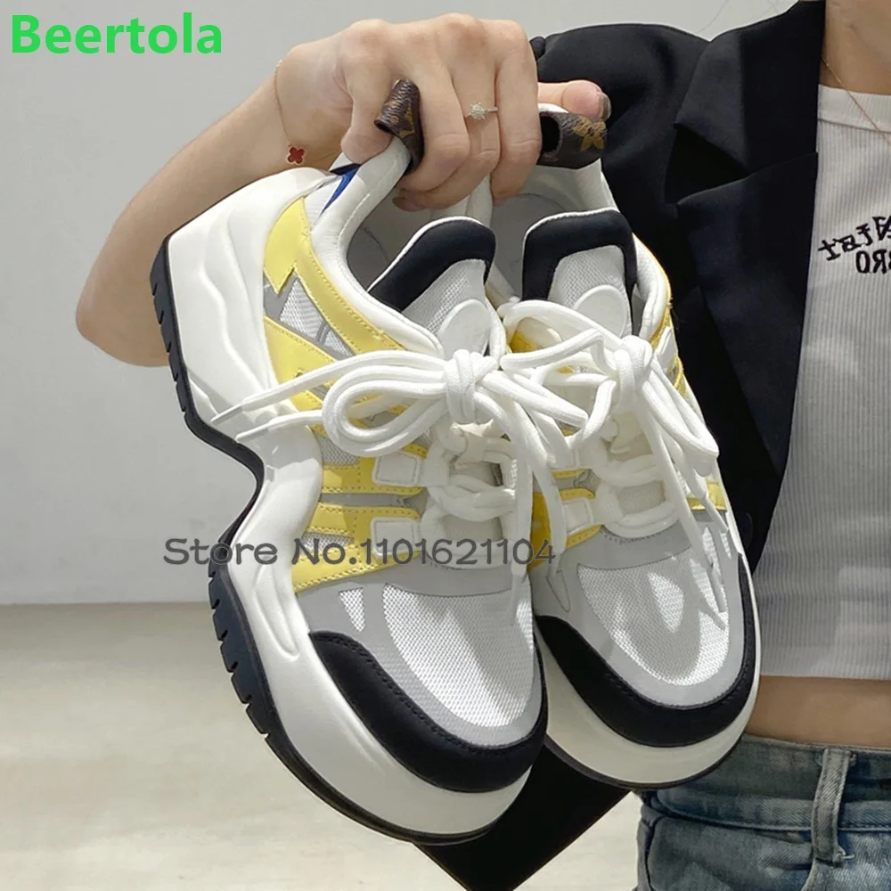 

Thick Sole Luxury Sport Sneakers For Female Women 2023 Mixed Color Lace-up Round Toe Fashion Casual All-match Mesh Surface Shoes