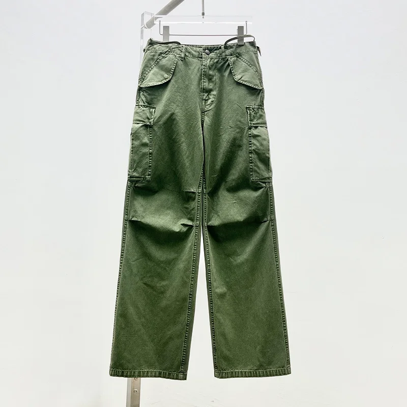 

23 Women Fashion Green High Waist Loose Straight Cotton Cargo Pants Runway Chic Pockets Wid-leg Baggy Trousers Casual Streetwear