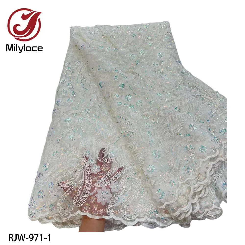 

Hot Sale Beaded African Lace Frabric High Quality French Lace Sequins Embroidered Lace Fabric for Wedding Dress RJW-971