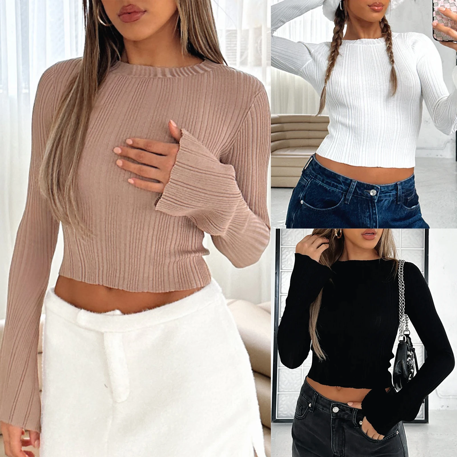 

Women Long Sleeve Top Navel Exposed Ladies Bodycon Top Solid Color Slim Fit Sexy Style Rib Knitted Streetwear Outfit