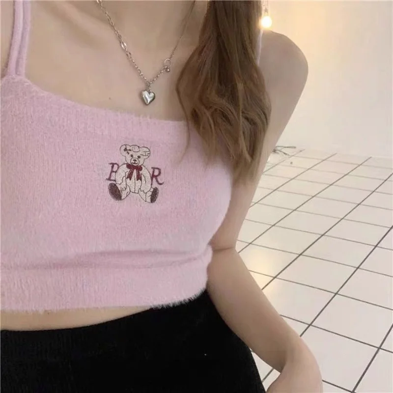 

Cute Bear Embroidery Crop Tops Sexy Knitted Spaghetti Strap Tanke Top Off Shoulder Sleeveless Camis for Women Slim Fit Camisole