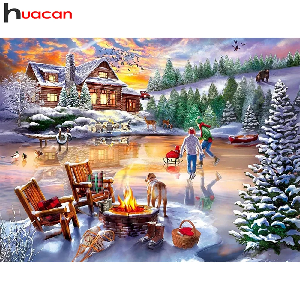 

Huacan Diamond Art Painting Winter Landscape Home Decor Embroidery Mosaic House Snow Picnic Scenery Wall Sticker